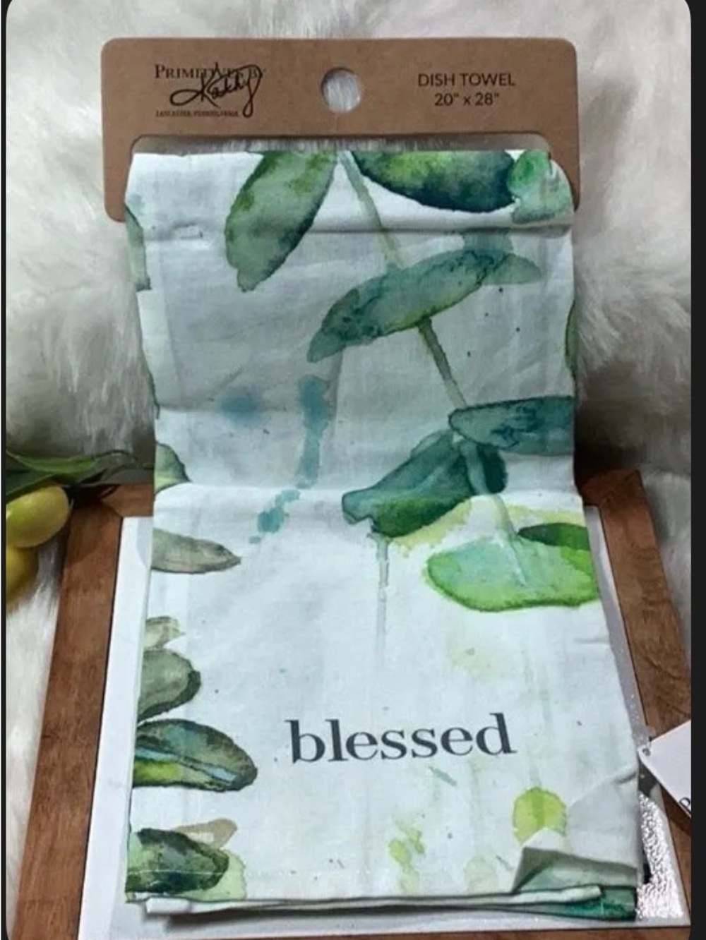 #243A Primitives by Kathy Green Watercolor Leaf "Blessed" Kitchen Towel